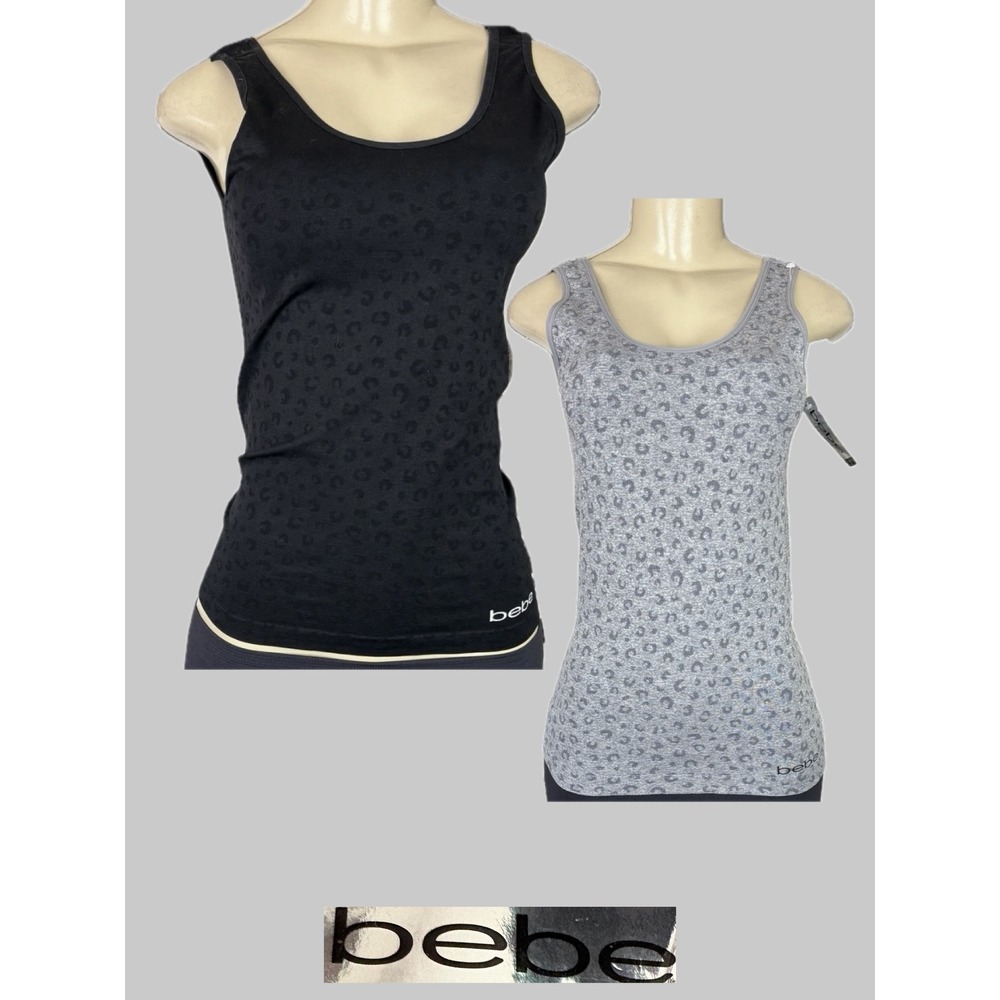 Bebe L Black Gray Tonal Leopard Print Tank Tops 2 Pk Scoop Front Back Neckline